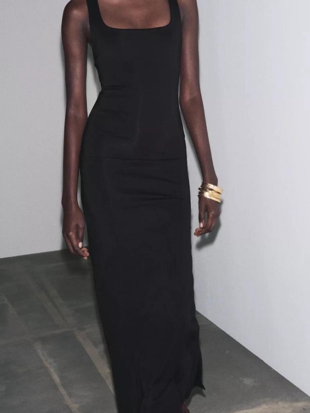 Zara Black Square-Neck Maxi Dress with Gold Bracelet Accent